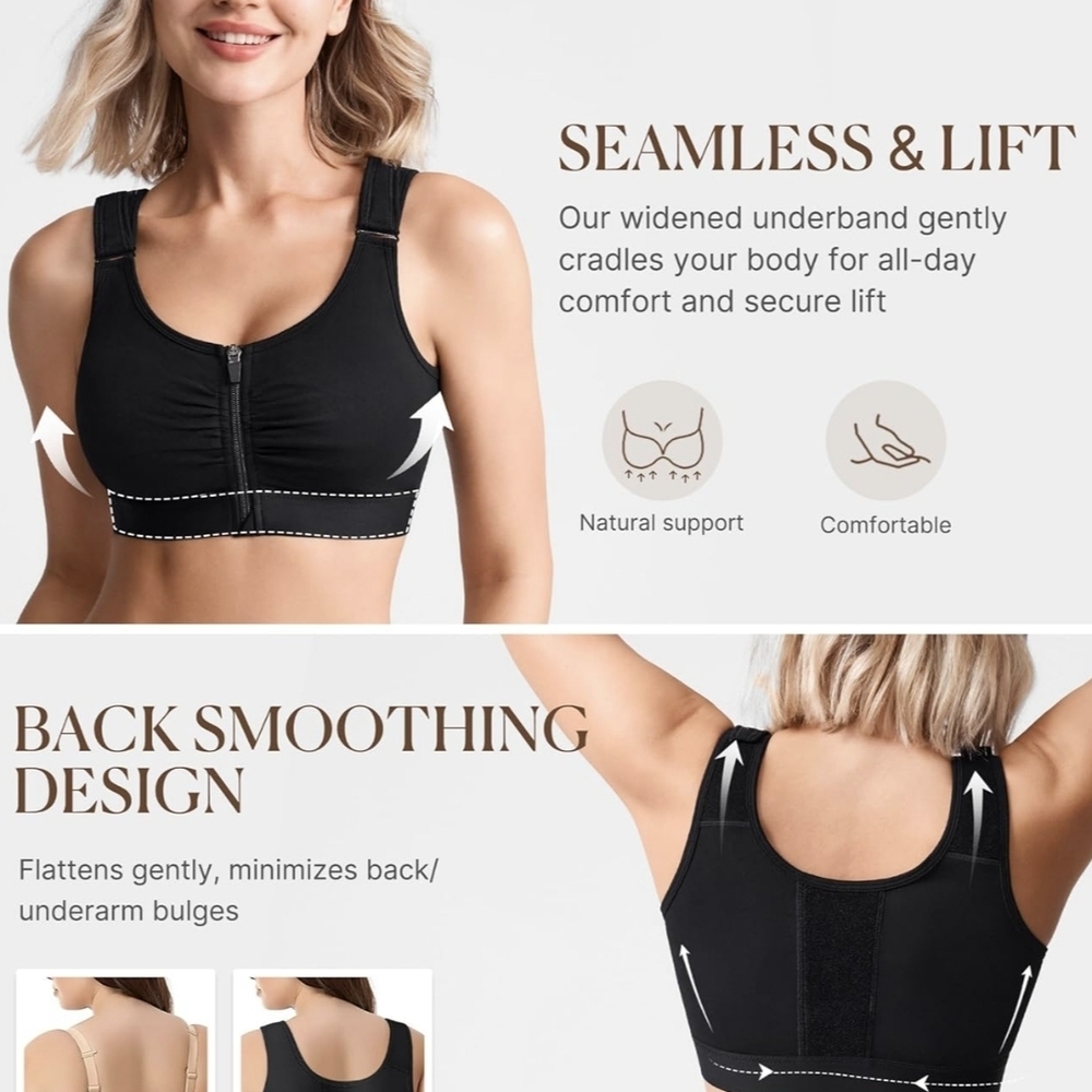 High-Support Front-Zip Black Sports Bra for Women - Picture 3 of 3